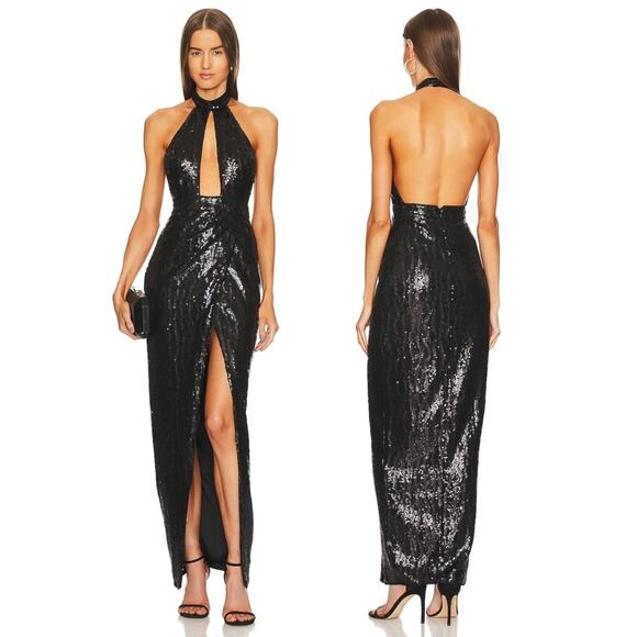 Michael Costello x REVOLVE Rick Sequin Gown Halter Gala Formal Witchy Prom Sz L - Picture 1 of 12